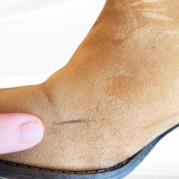 Report Tariq Tall Shaft Faux Suede Bootie Tan Block Heel Slip On/Pull Tab Size 9 - Picture 16 of 16